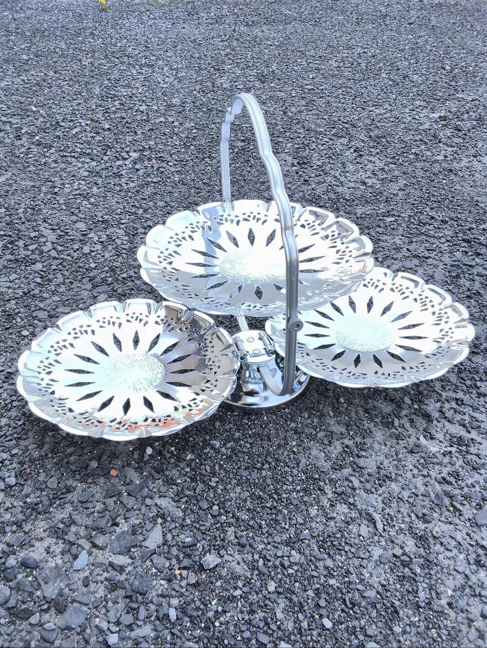 Vintage 3-Tier Folding Chrome Cake Stand Mid Century Metal Filigree Serving Tray